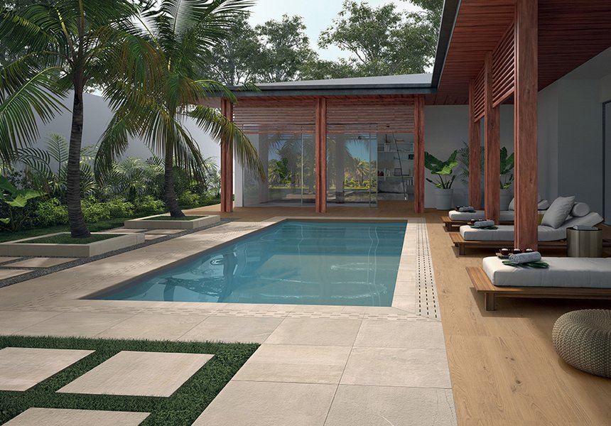 Modern outdoor stoneware flooring: the home becomes a resort